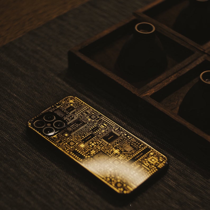 Customized Sci-fi Phone Case Hand Made with Pure Gold Originally Unique Designed Cyberpunk Art For Tech Lovers iPhone Gift for Man Him Her