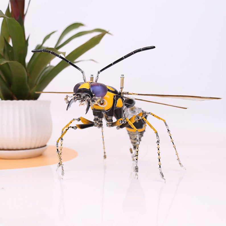 Mechanical Mutant Original Designed Handmade Mecha Hornet Made With Metal and Porcelain Cyberpunk Art Desk Table Decor Ornament Gift for Men