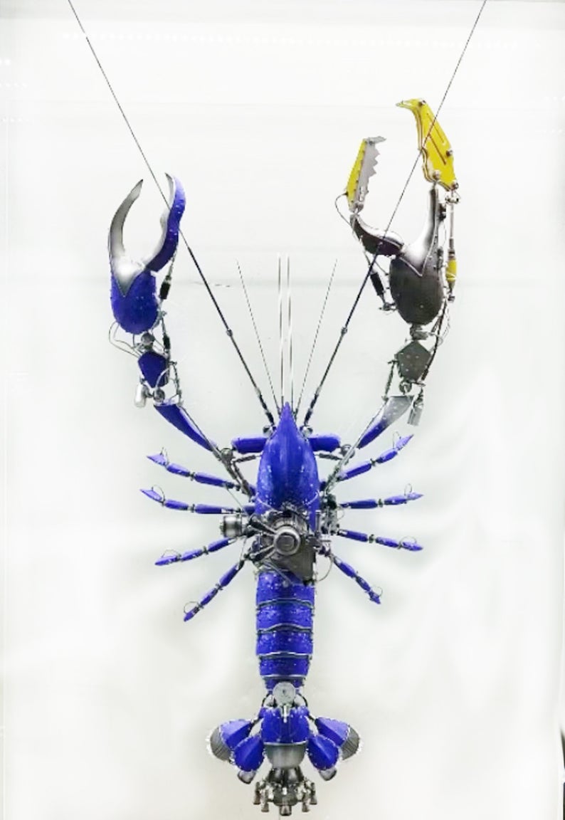 Steampunk Mechanical Mutant 3D Giant Blue Shrimp Sculpture Handmade Creature Crafts for Table Home Art Decor Robots Aesthetic Art