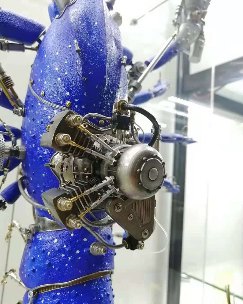 Steampunk Mechanical Mutant 3D Giant Blue Shrimp Sculpture Handmade Creature Crafts for Table Home Art Decor Robots Aesthetic Art