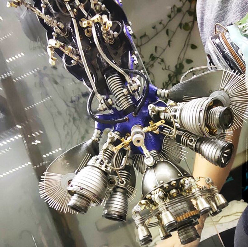 Steampunk Mechanical Mutant 3D Giant Blue Shrimp Sculpture Handmade Creature Crafts for Table Home Art Decor Robots Aesthetic Art