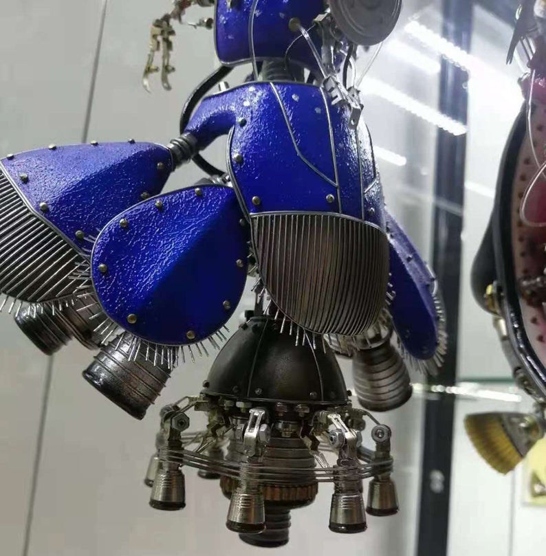 Steampunk Mechanical Mutant 3D Giant Blue Shrimp Sculpture Handmade Creature Crafts for Table Home Art Decor Robots Aesthetic Art