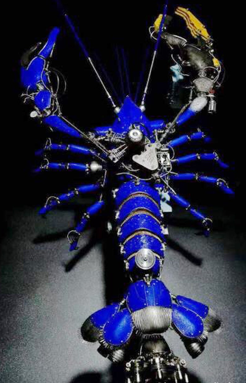 Steampunk Mechanical Mutant 3D Giant Blue Shrimp Sculpture Handmade Creature Crafts for Table Home Art Decor Robots Aesthetic Art