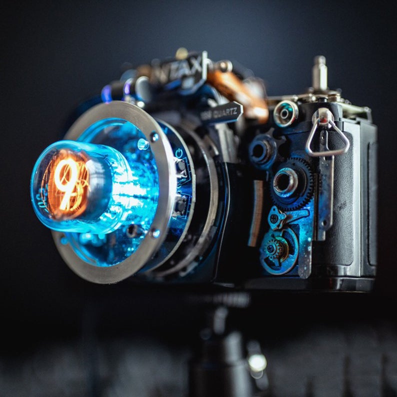 Cyberpunk Nixie Industrial Table Ambient Lamp Intergrated In A Camera Base In Steampunk Style Handmade Home Table Desk Art Decor