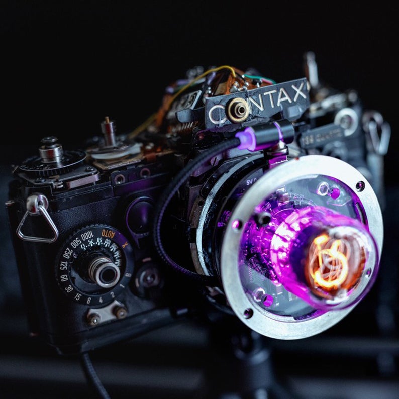Cyberpunk Nixie Industrial Table Ambient Lamp Intergrated In A Camera Base In Steampunk Style Handmade Home Table Desk Art Decor