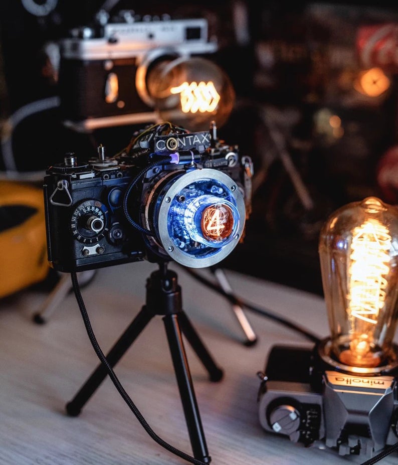 Cyberpunk Nixie Industrial Table Ambient Lamp Intergrated In A Camera Base In Steampunk Style Handmade Home Table Desk Art Decor