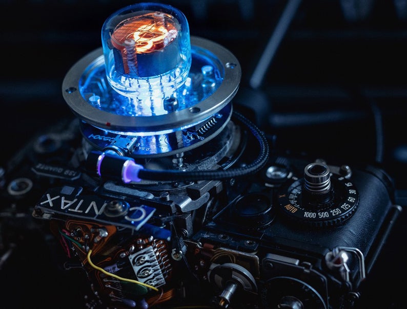 Cyberpunk Nixie Industrial Table Ambient Lamp Intergrated In A Camera Base In Steampunk Style Handmade Home Table Desk Art Decor