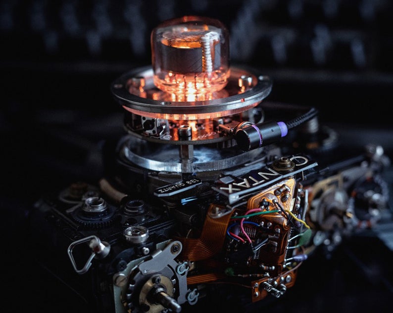 Cyberpunk Nixie Industrial Table Ambient Lamp Intergrated In A Camera Base In Steampunk Style Handmade Home Table Desk Art Decor