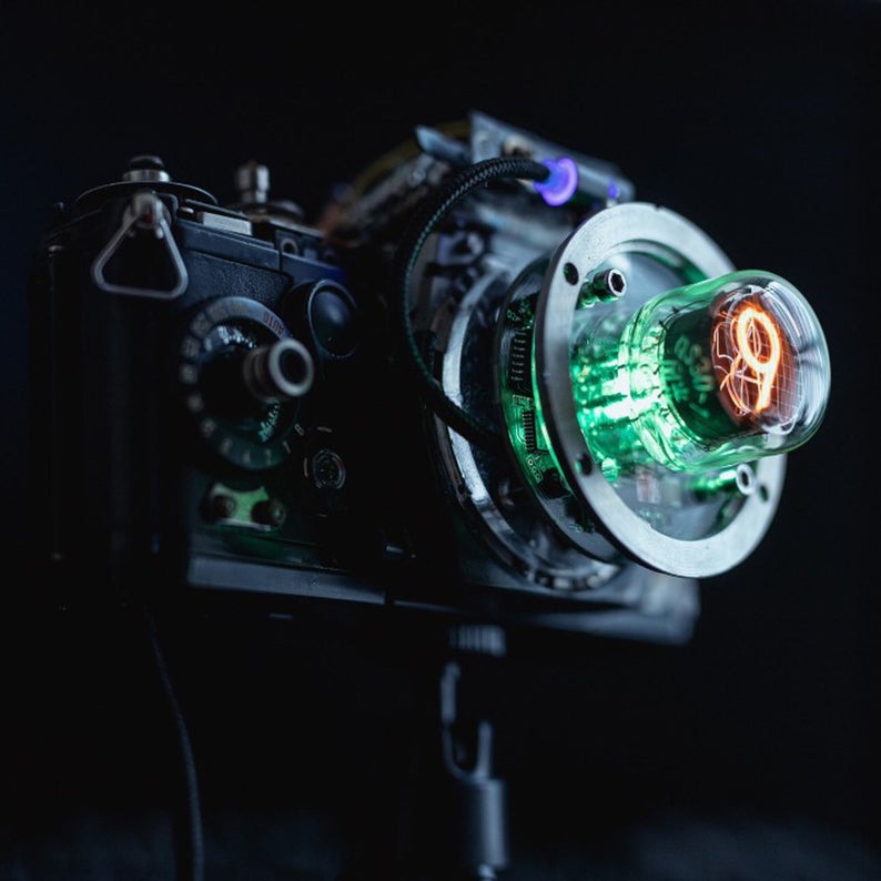 Cyberpunk Nixie Industrial Table Ambient Lamp Intergrated In A Camera Base In Steampunk Style Handmade Home Table Desk Art Decor