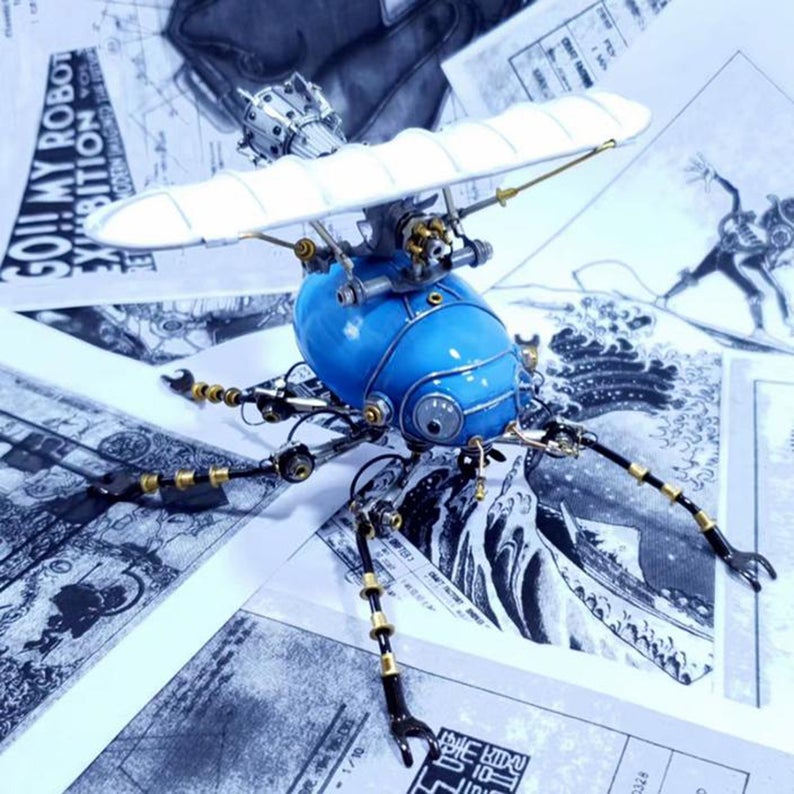 Mechanical Mutant Steampunk Beetle Metal 3D Blue Fixed Wing Scarab Sculpture Bug Tale Desk Decor Artwork Ornament Robots Aesthetic Art