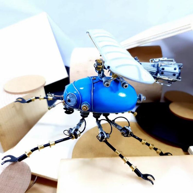 Mechanical Mutant Steampunk Beetle Metal 3D Blue Fixed Wing Scarab Sculpture Bug Tale Desk Decor Artwork Ornament Robots Aesthetic Art