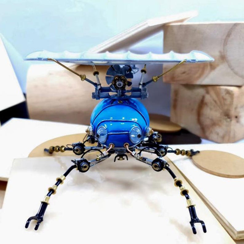 Mechanical Mutant Steampunk Beetle Metal 3D Blue Fixed Wing Scarab Sculpture Bug Tale Desk Decor Artwork Ornament Robots Aesthetic Art