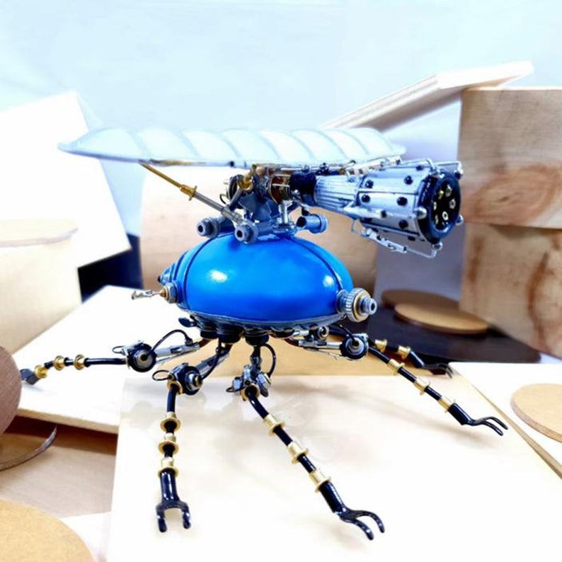 Mechanical Mutant Steampunk Beetle Metal 3D Blue Fixed Wing Scarab Sculpture Bug Tale Desk Decor Artwork Ornament Robots Aesthetic Art