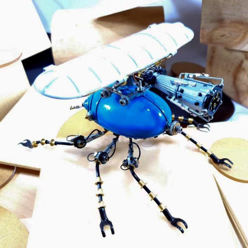 Mechanical Mutant Steampunk Beetle Metal 3D Blue Fixed Wing Scarab Sculpture Bug Tale Desk Decor Artwork Ornament Robots Aesthetic Art