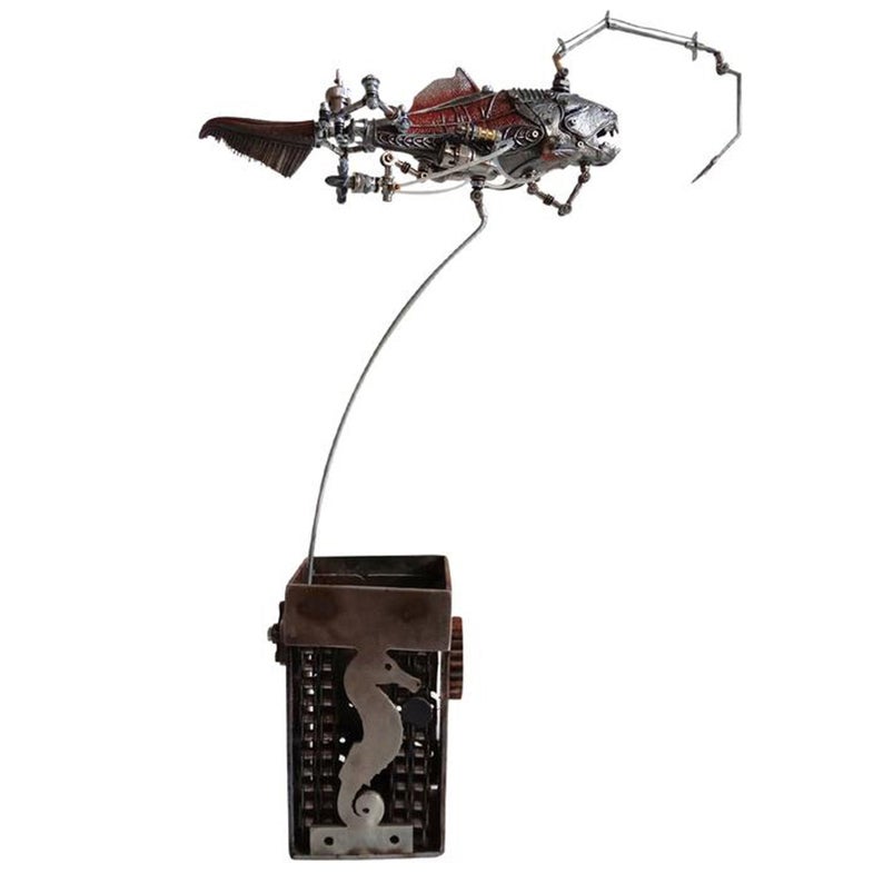 Mechanical Mutant Steampunk Sculpture Metal Dunkleosteus Terrelli Antique Red Fish Handmade Table Desk Decor Ornament Robots Aesthetic Art