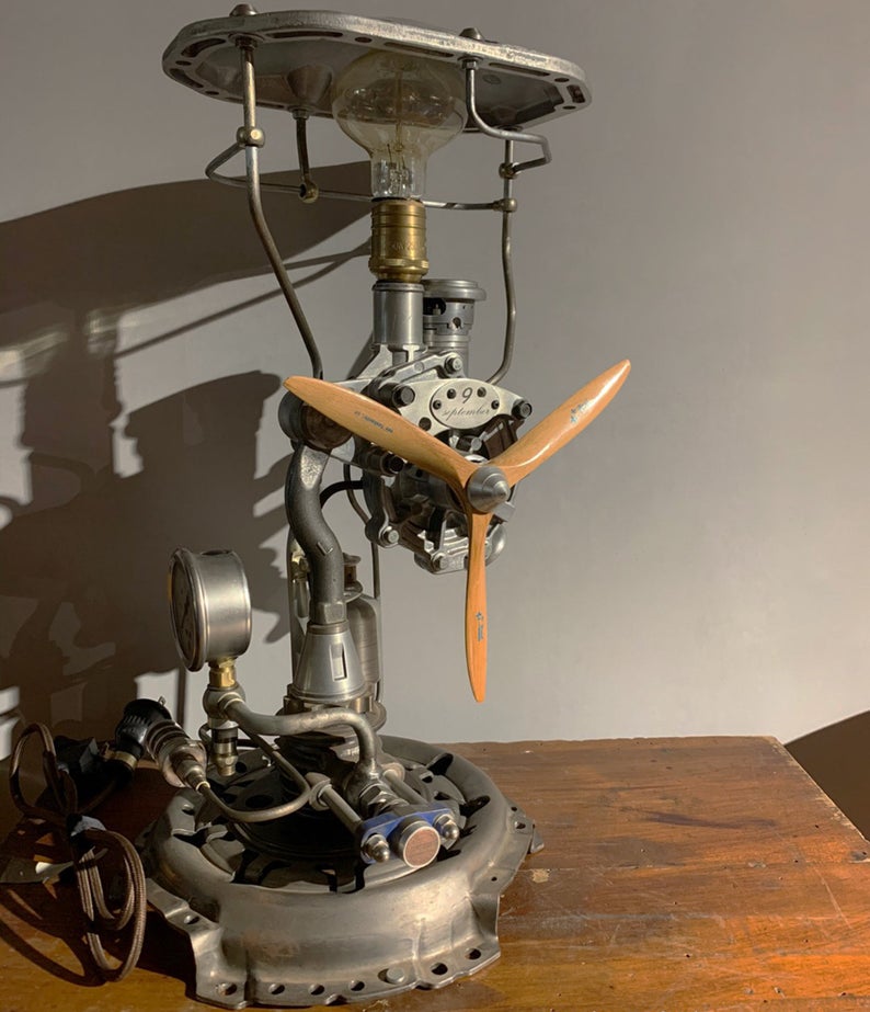 Industrial Table Lamp Featured with An Air Propeller In Retro Vintage Steampunk Style Handmade Rustic Home Decor Mechanical Art Collection