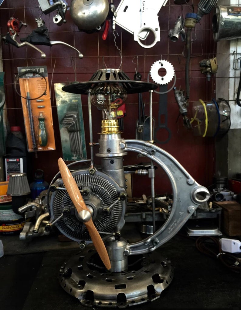 Industrial Table Lamp Featured with An Air Propeller In Retro Vintage Steampunk Style Handmade Rustic Home Decor Mechanical Art Collection