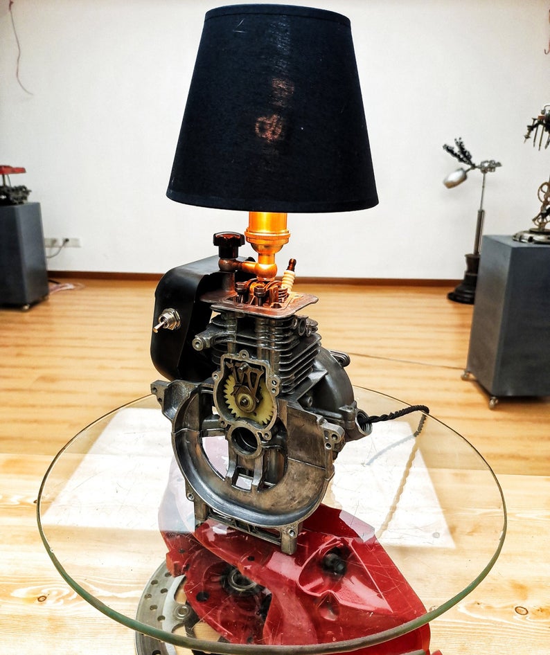 Industrial Table Desk Lamp Featured with Honda Motor Engine Base In Retro Vintage Steampunk Style Handmade Rustic Home Decor Mechanical Art