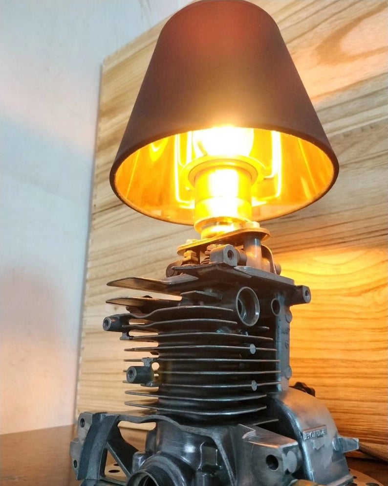 Industrial Table Desk Lamp Featured with Honda Motor Engine Base In Retro Vintage Steampunk Style Handmade Rustic Home Decor Mechanical Art