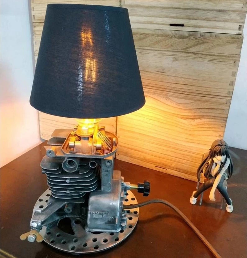 Industrial Table Desk Lamp Featured with Honda Motor Engine Base In Retro Vintage Steampunk Style Handmade Rustic Home Decor Mechanical Art