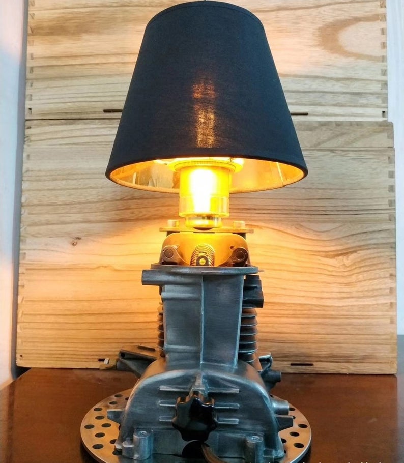 Industrial Table Desk Lamp Featured with Honda Motor Engine Base In Retro Vintage Steampunk Style Handmade Rustic Home Decor Mechanical Art