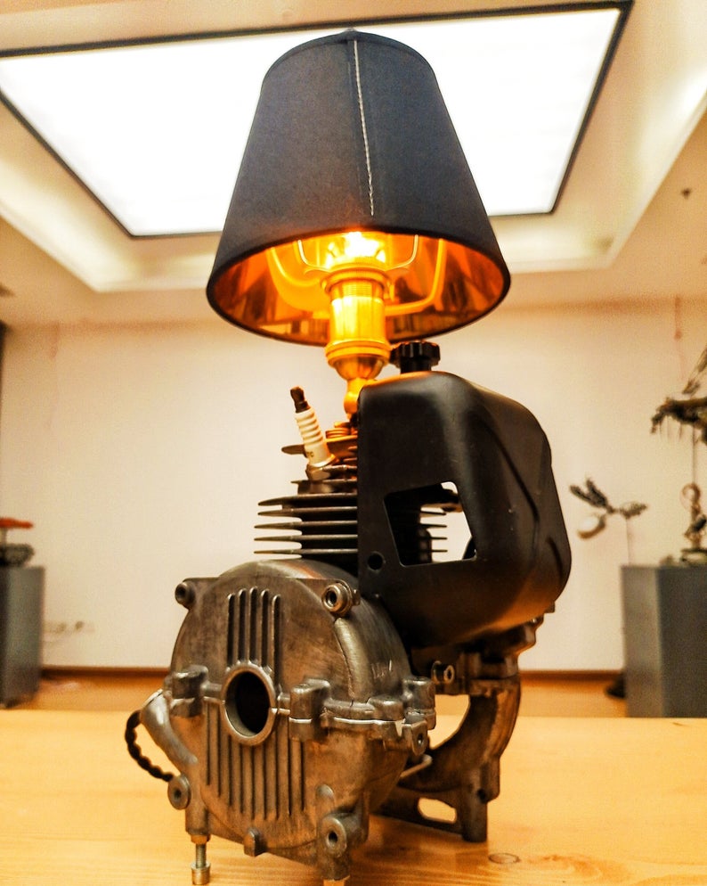Industrial Table Desk Lamp Featured with Honda Motor Engine Base In Retro Vintage Steampunk Style Handmade Rustic Home Decor Mechanical Art