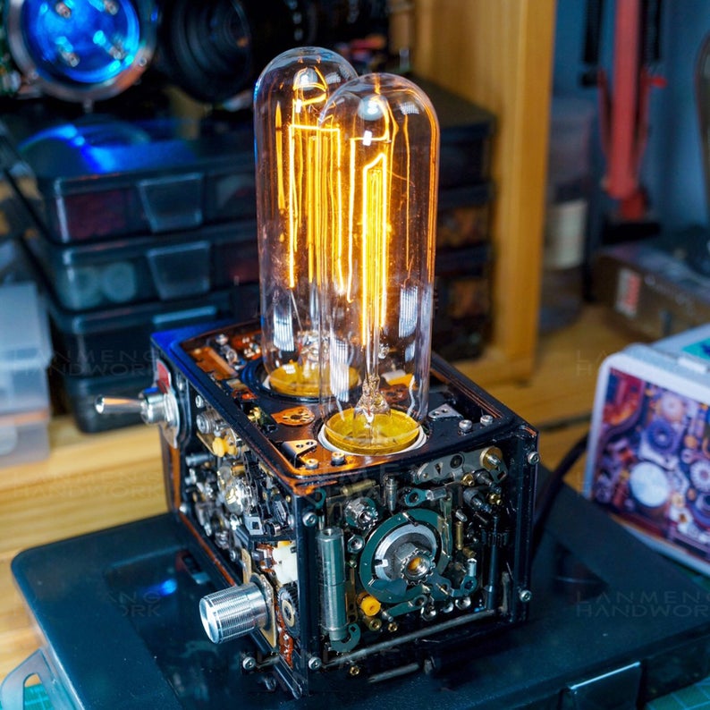 Industrial Table Lamp Featured with A Canon Camera Base In Retro Vintage Steampunk Loft Style Handmade Rustic Home Decor Art Workshop