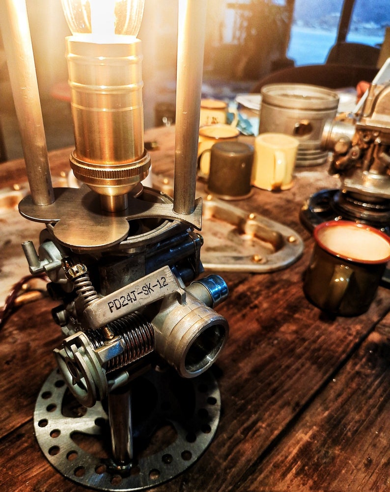 Industrial Table Desk Lamp Featured with Throttle In Retro Vintage Steampunk Loft Style Handmade Rustic Home Decor Mechanical Art