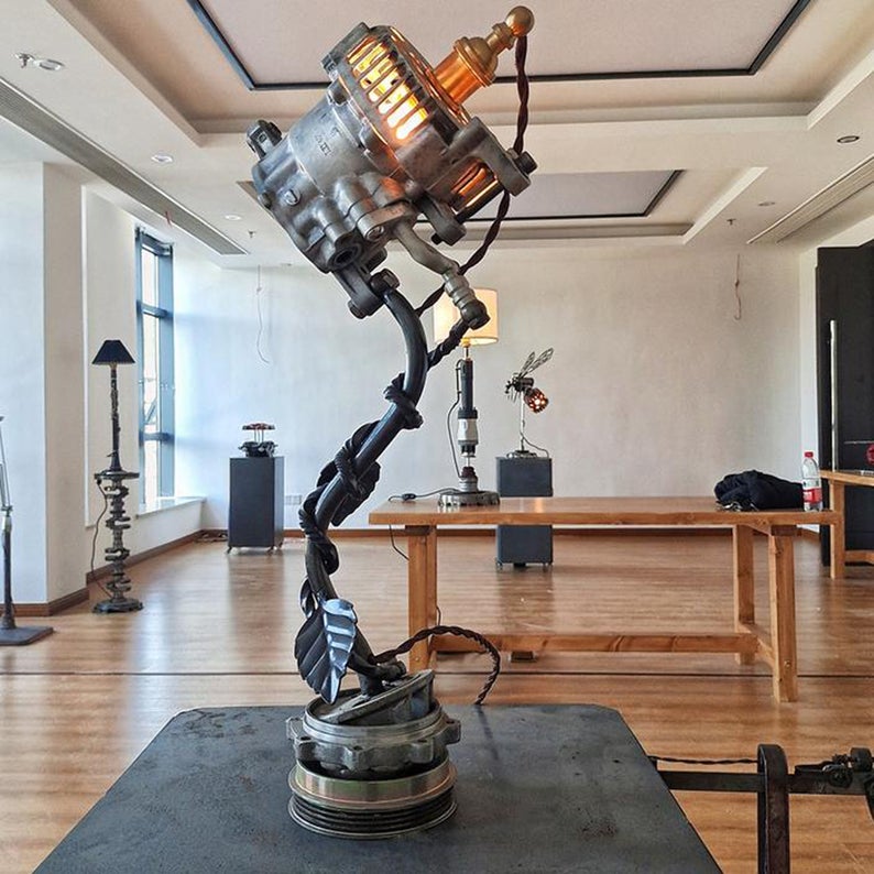 Industrial Table Lamp Featured with Used Vehicle Parts In Retro Vintage Steampunk Style Handmade Rustic Home Decor Mechanical Art Collection