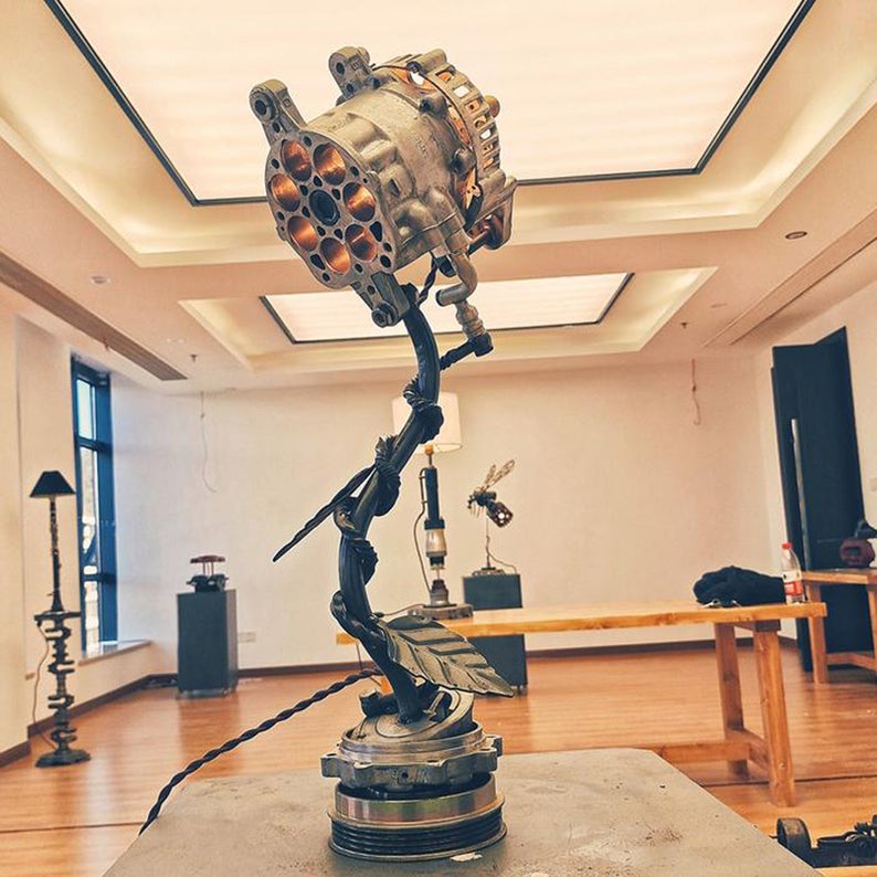 Industrial Table Lamp Featured with Used Vehicle Parts In Retro Vintage Steampunk Style Handmade Rustic Home Decor Mechanical Art Collection