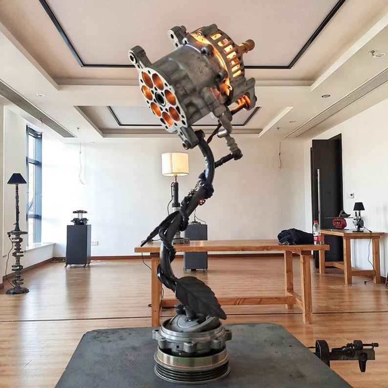 Industrial Table Lamp Featured with Used Vehicle Parts In Retro Vintage Steampunk Style Handmade Rustic Home Decor Mechanical Art Collection