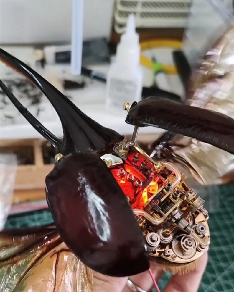 Steampunk Beetle Insect Machine with Bloody Breathing Lungs and Moving Horn Dynastes Neptunus Cyberpunk Sculpture Wall Decor Art Aesthetic