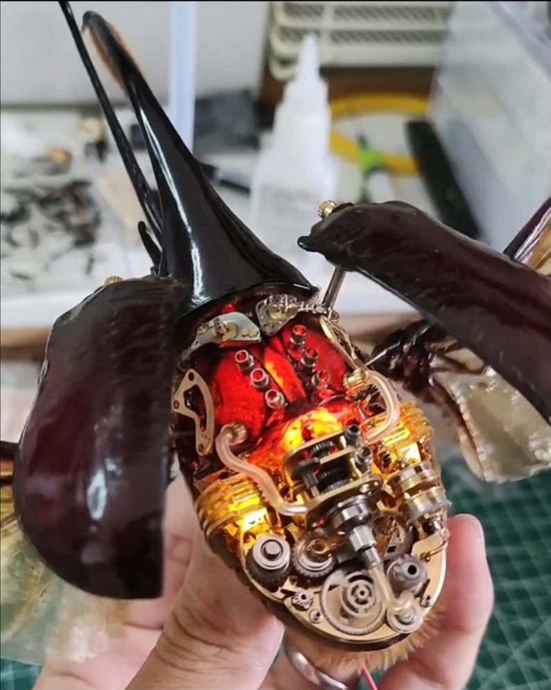 Steampunk Beetle Insect Machine with Bloody Breathing Lungs and Moving Horn Dynastes Neptunus Cyberpunk Sculpture Wall Decor Art Aesthetic
