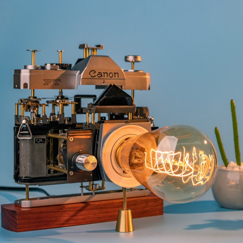 Cyberpunk Nixie Industrial Table Ambient Lamp Intergrated In A Camera Base In Steampunk Style Handmade Home Table Desk Art Decor