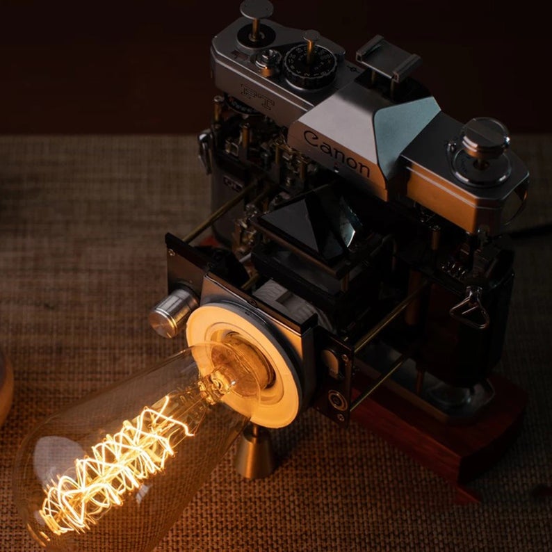 Cyberpunk Nixie Industrial Table Ambient Lamp Intergrated In A Camera Base In Steampunk Style Handmade Home Table Desk Art Decor