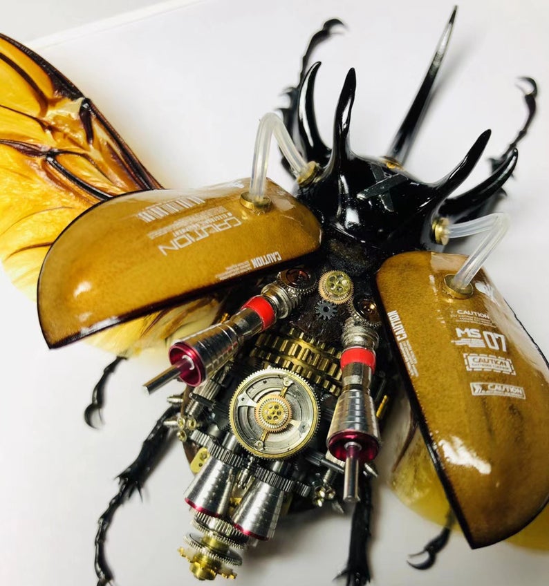 Steampunk Beetle Insect Handmade Eupatorus Gracilicornis with Moving Wings Cyberpunk Wall Decor Ornament Gift for Men Robots Aesthetic Art