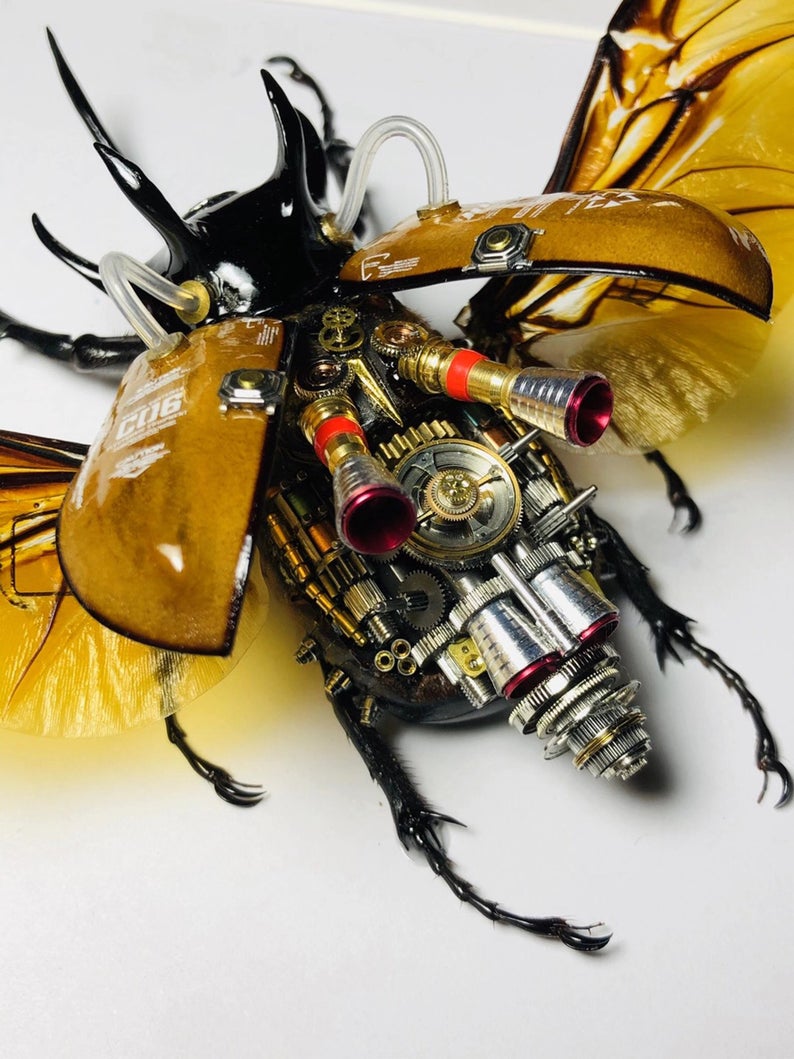 Steampunk Beetle Insect Handmade Eupatorus Gracilicornis with Moving Wings Cyberpunk Wall Decor Ornament Gift for Men Robots Aesthetic Art