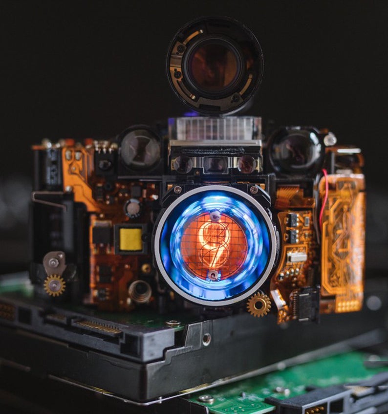 Cyberpunk Industrial Table Nixie Ambient Lamp Intergrated In A Camera Base In Steampunk Style Handmade Home Table Desk Art Decor