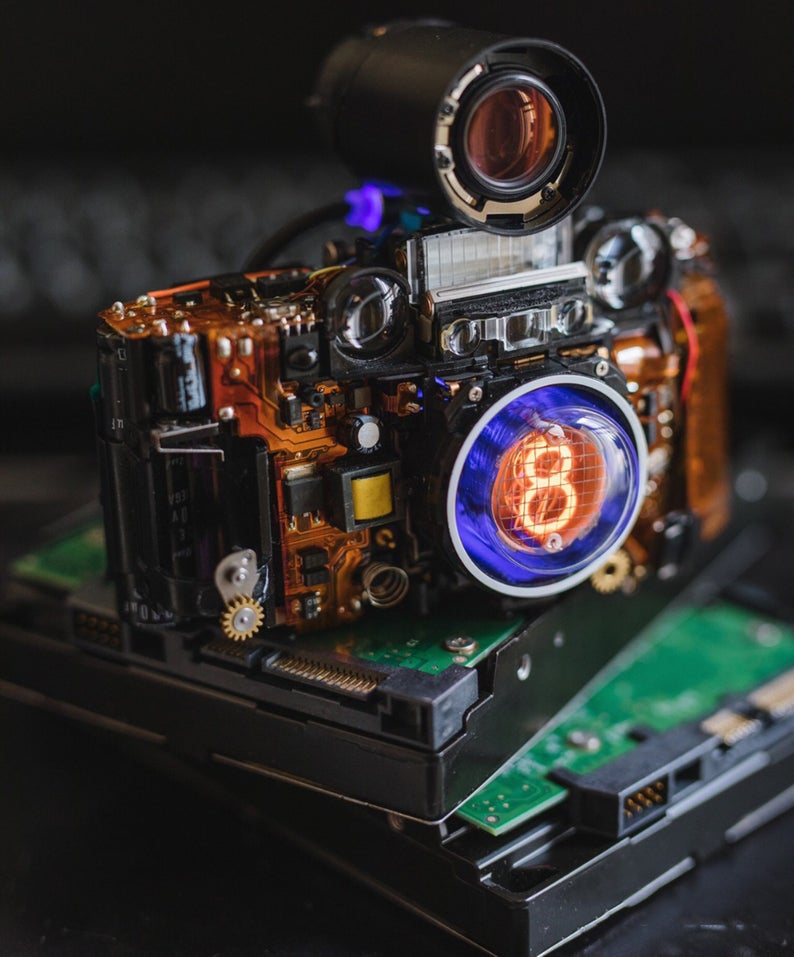 Cyberpunk Industrial Table Nixie Ambient Lamp Intergrated In A Camera Base In Steampunk Style Handmade Home Table Desk Art Decor