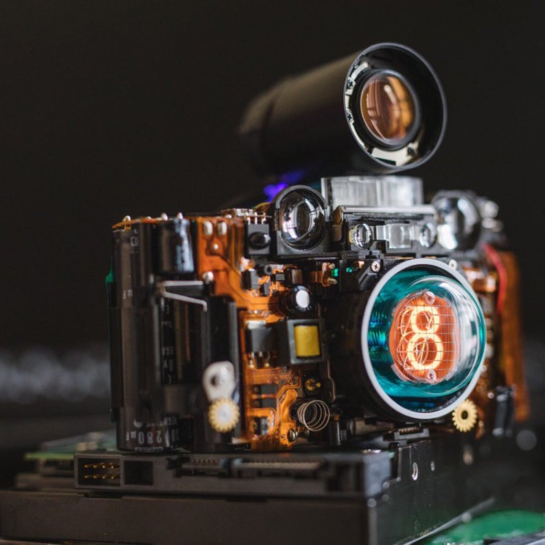 Cyberpunk Industrial Table Nixie Ambient Lamp Intergrated In A Camera Base In Steampunk Style Handmade Home Table Desk Art Decor