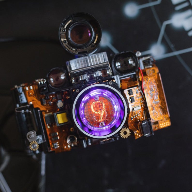 Cyberpunk Industrial Table Nixie Ambient Lamp Intergrated In A Camera Base In Steampunk Style Handmade Home Table Desk Art Decor
