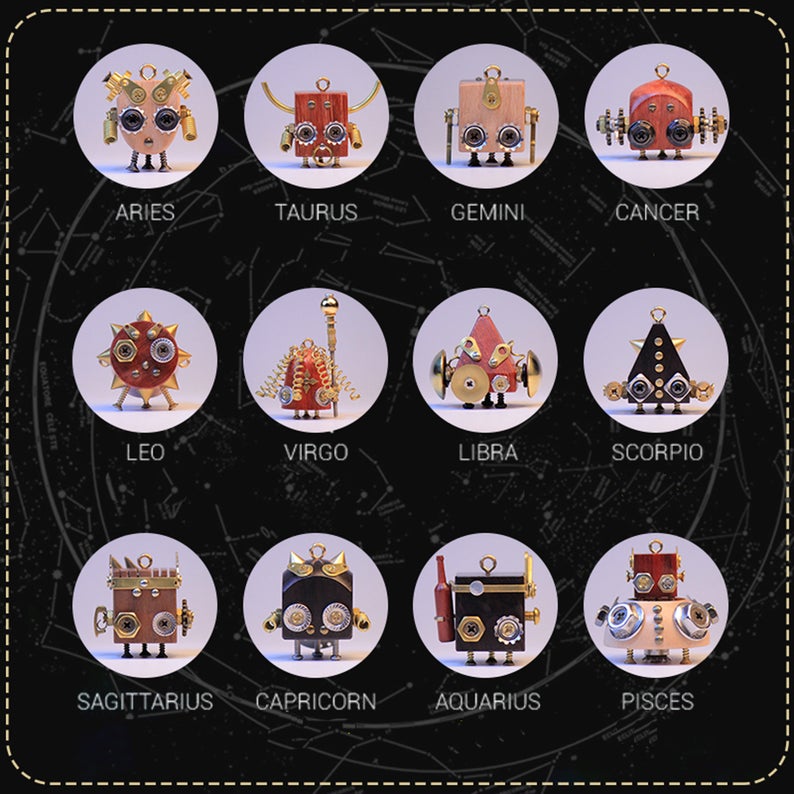 Steampunk Wooden Robot Figurines Knick Knacks Pendants Featured with Constellation Handmade Originally Designed Trinket Decor Gift