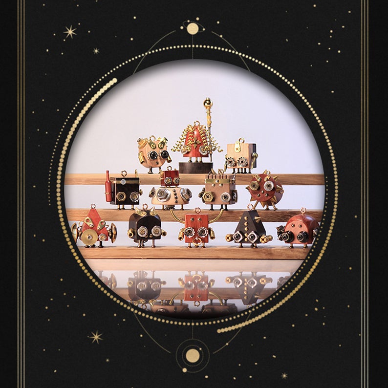 Steampunk Wooden Robot Figurines Knick Knacks Pendants Featured with Constellation Handmade Originally Designed Trinket Decor Gift