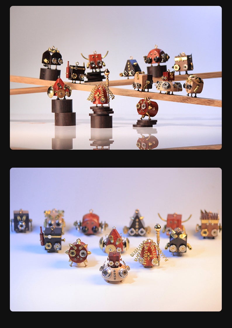 Steampunk Wooden Robot Figurines Knick Knacks Pendants Featured with Constellation Handmade Originally Designed Trinket Decor Gift
