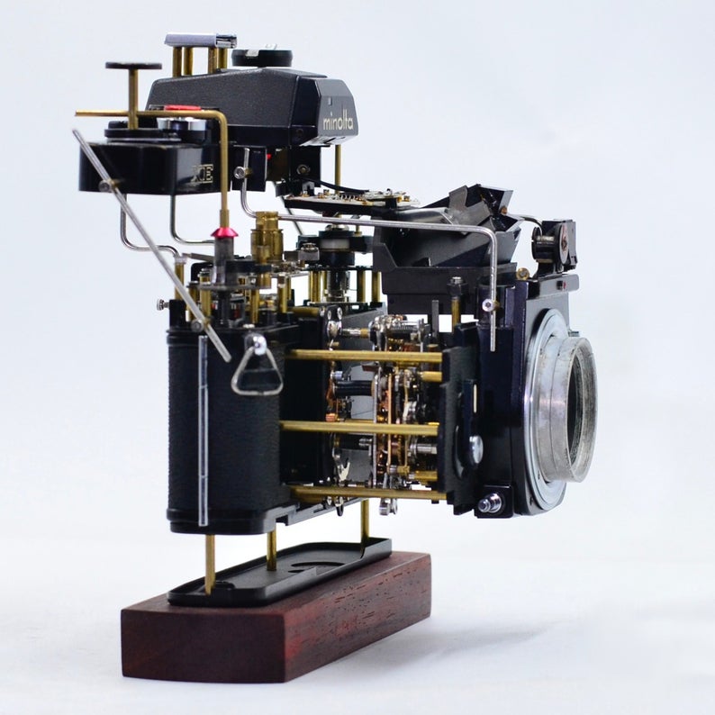 Disassembled Stereo Ancient Mechanical Film Camera Deconstructed Art Decor Customizable with Your Own Beloved Camera As Collection or Gift