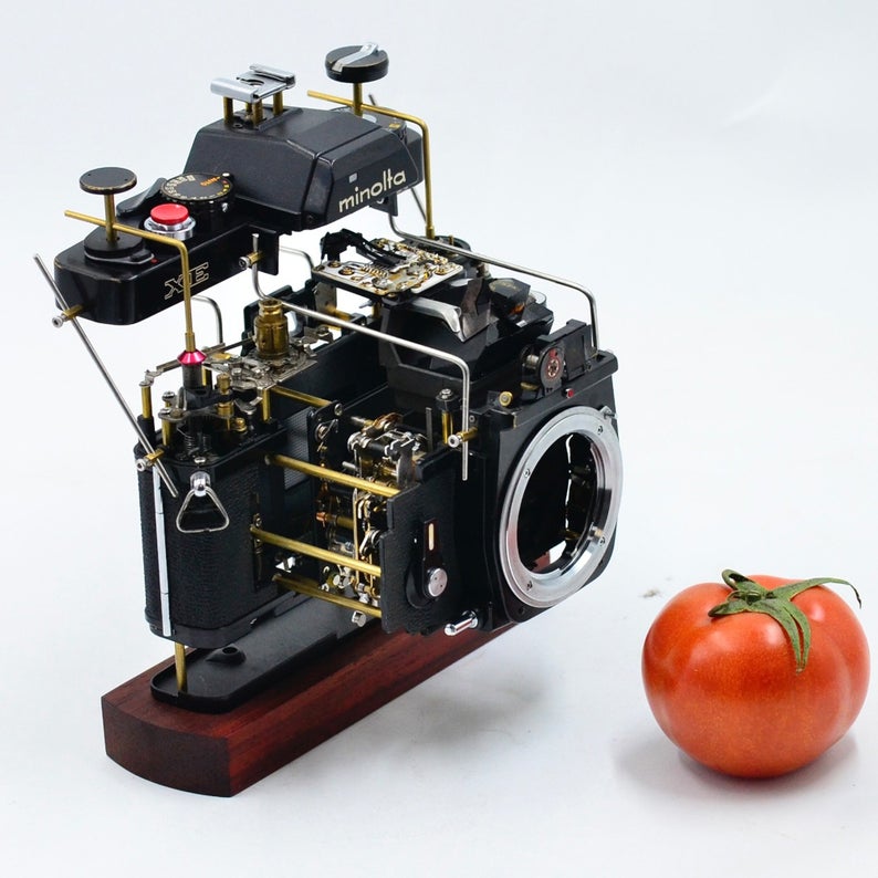 Disassembled Stereo Ancient Mechanical Film Camera Deconstructed Art Decor Customizable with Your Own Beloved Camera As Collection or Gift