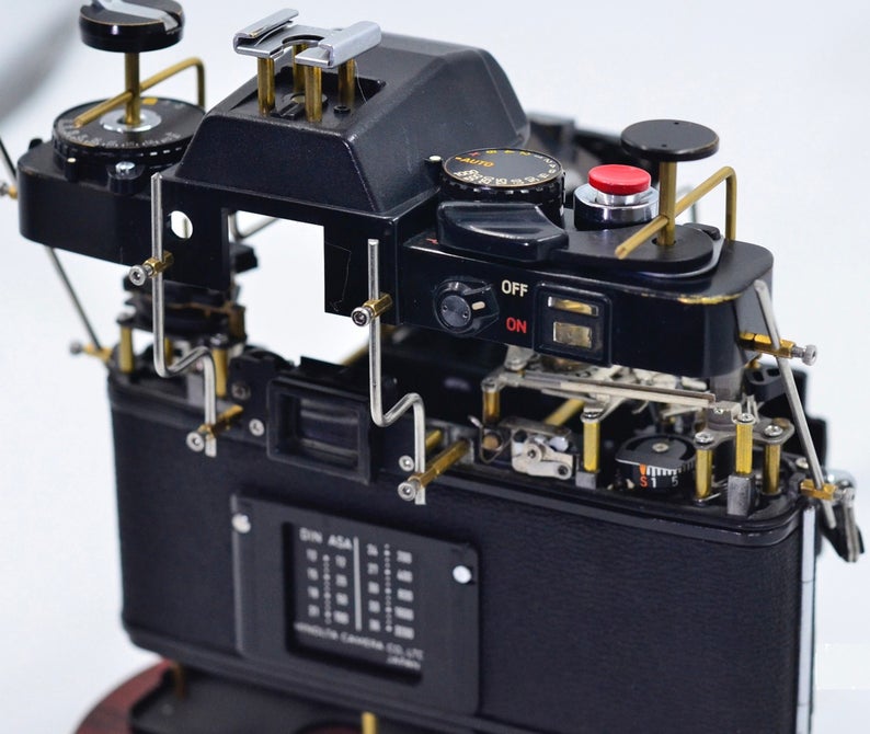 Disassembled Stereo Ancient Mechanical Film Camera Deconstructed Art Decor Customizable with Your Own Beloved Camera As Collection or Gift