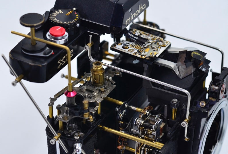 Disassembled Stereo Ancient Mechanical Film Camera Deconstructed Art Decor Customizable with Your Own Beloved Camera As Collection or Gift