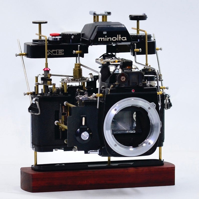 Disassembled Stereo Ancient Mechanical Film Camera Deconstructed Art Decor Customizable with Your Own Beloved Camera As Collection or Gift