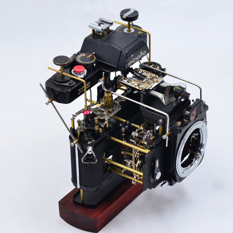 Disassembled Stereo Ancient Mechanical Film Camera Deconstructed Art Decor Customizable with Your Own Beloved Camera As Collection or Gift